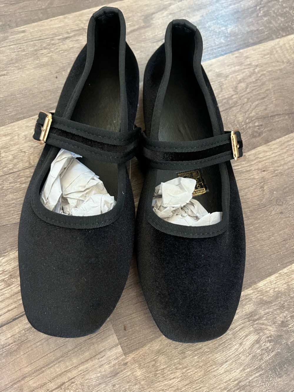 Black Velvet Mary Jane Flats with Gold Buckle NEW size 6-6.5